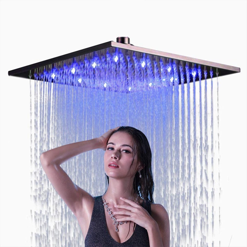 NeierThodore Bathroom LED Changing Color 16-inch Square Rainfall Shower Head Overhead Sprayer,Brushed Nickel - Image 1